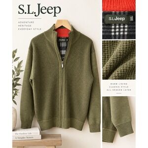 S.L. Jeep Mens Full Zip Waffle Knit Fleece Lined Cardigan Sweater Olive XXL
